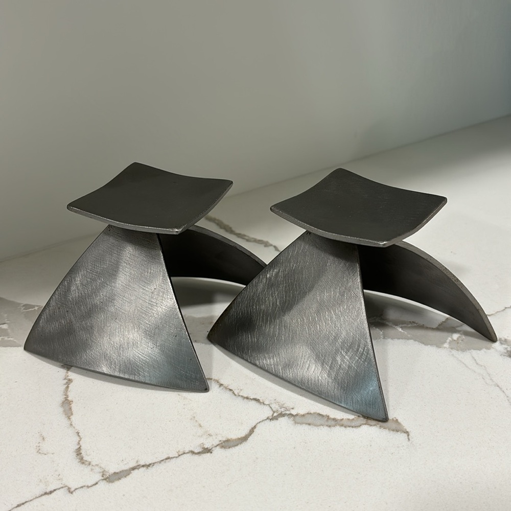 Signed And Dated Silver Tone Metal Geometric Candle Stands JW Designs 2000